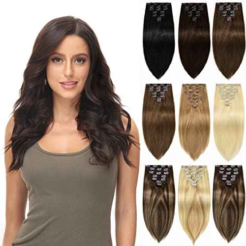 Rose bud Clip in Hair Extensions Real Human Hair 7Pcs 16Clips 18Inch 150g Natural Thick Hair Extensions Human Hair Medium Brown to Dark Blonde
