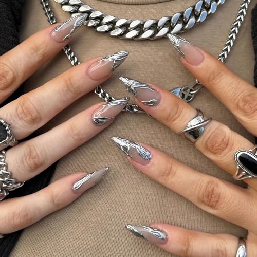 MISUD Press on Nails Medium Almond Fake Nails Glossy Glue on Nails Bling Pink Chrome Acrylic Nails Stiletto Pearl Flash Artificial Nails Cute Bow Stick on False Nails with Design 24 pcs