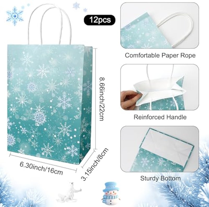 12 Pack Colorful Snowflake Gift Bags with Handles