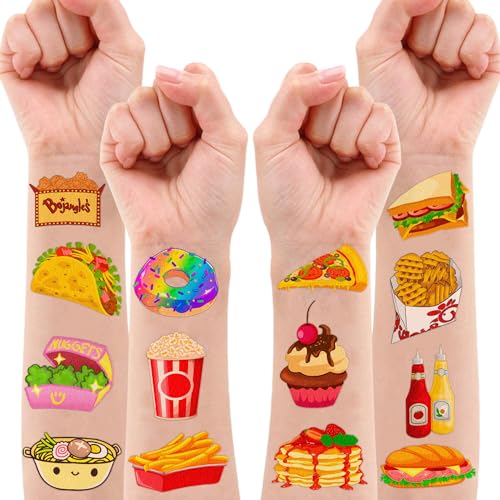 96 PCS Cute French Fast Food Hamburger Fries Pizza Temporary Tattoos Themed Birthday Party Decorations Supplies Favors Decor Yummy Tattoo Stickers Gifts For Kids Boys Girls School Prizes Carnival