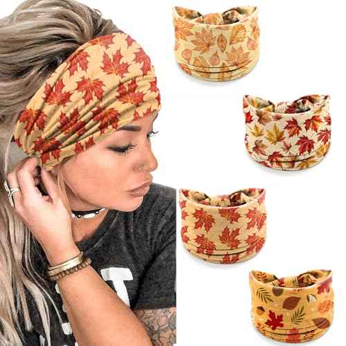 4 Pack Autumn Maple Leaf Headbands for Women, Thanksgiving Wide Stretchy Yoga Workout Hair Bands, Soft Non-Slip Fall Turban Headwraps for Running Makeup Everyday Use