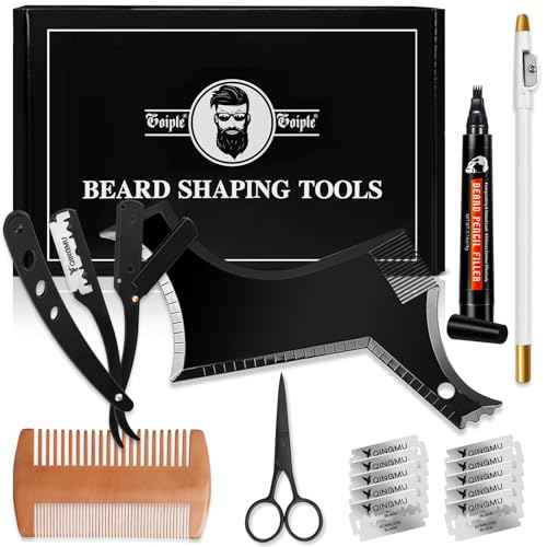Beard Shaper for Men Beard Shaping Tools - Beard Template Guide, Professional Straight Edge Razor, 10 PCS Double Edge Blade, Barber Pencil, Beard Comb, Stainless Steel Scissor Mustache Lineup Tools
