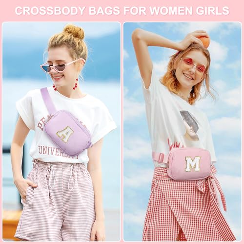 YOOLIFE Pink Initial Corduroy Makeup Bag & Belt Bag Crossbody Fanny Pack Personalized Gifts for Women Teen Girls