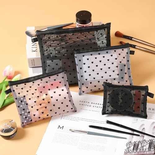 4-Piece Heart Printed Mesh Makeup Bag Set, Portable Travel Mesh Cosmetic Bags Toiletry Bags Makeup Purse Bags Mesh Zipper Storage Pouches for Home Offices Travel Accessories (Black)