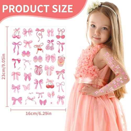 Pink Bow Temporary Tattoos Sticker - 264 Pcs Conquette Birthday Party Favors Party Supplies Decorations, Cherries Disco Ball, Treat Bag Stuffers for Girls Women(8 Sheets)