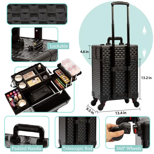 AROUS Rolling Makeup Case with 4 Trays, Black Cosmetology Trolley