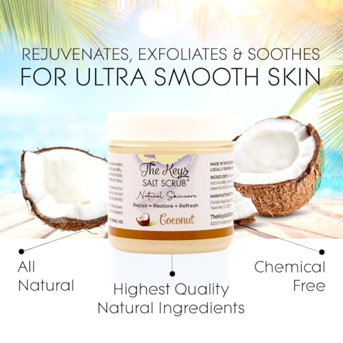 The Keys Salt Scrub -Sea Salt Scrub - Exfoliating Body Scrub with Wooden Spoon - Moisturizing Exfoliator for Hands, Foot, Bath, (3.4 Ounce (Pack of 1), Coconut)