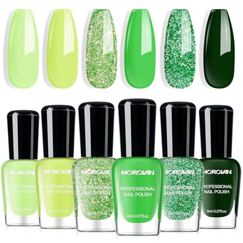 Morovan Green Nail Polish Set - Quick-Dry Glitter Shades for Summer