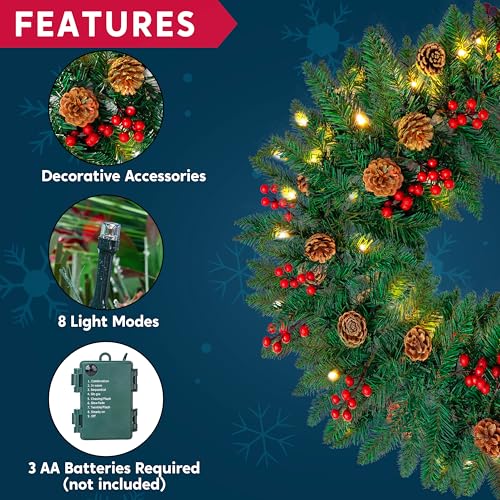 Joiedomi 9Ft Artificial Christmas Garland Prelit with 100 LED Lights, 27 Pine Cones, 27 Red Berries for Home & Office Christmas Decorations (Battery Powered, Batteries not Included)