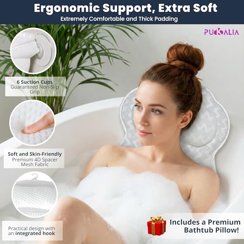 Bath Tray for Tub and Ergonomic Pillow Premium - Caddy Expandable 29 to 42.5 Inch -Foldable Bamboo Wood Tub Organizer - Luxury Bathtub Tray Wood Bamboo