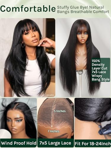 KLAIYI 18-Inch Yaki Straight Lace Front Wig with Wispy Bangs