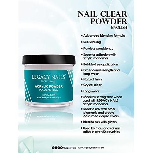 Legacy Nails Professional CLEAR ACRYLIC POWDER - 241g / 8oz. - High-Quality, Fast-Drying Formula for Nail Extensions, Sculpting & Overlays, Salon-Grade, Long-Lasting Finish
