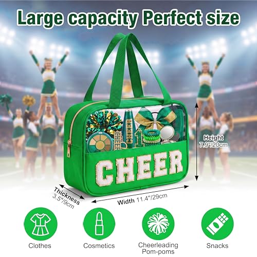 Green Cheerleading Makeup Bag with Chenille 'CHEER' Letters - Large Travel Organizer for Girls & Women