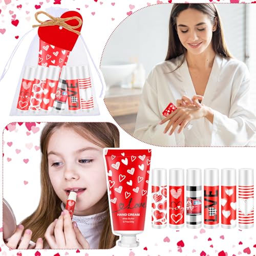 144 Pcs Valentine's Day Lip Balm Hand Cream Set Party Favors, Include 36 Red Valentine Lip Balm 36 Moisturizing Hand Cream 36 Bags 36 Love Cards and Ropes for Women Accessories Gifts