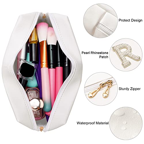 Bride Makeup Bag with Pearl Rhinestone Patch - White Travel Toiletry Pouch