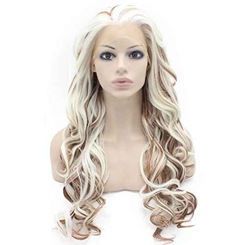MX angel Long Wavy Heat Resistant Fiber Synthetic Lace Front White Auburn Mix Natural Wig