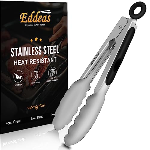 Eddeas Small Tongs For Cooking, Mini 7 inch Kitchen Tongs -Heat Resistant 600 Degrees Stainless Steel and Non-Slip handle - Perfect for Cooking, Salad, Pasta, Steaks, Vegetables,Dishwasher safe