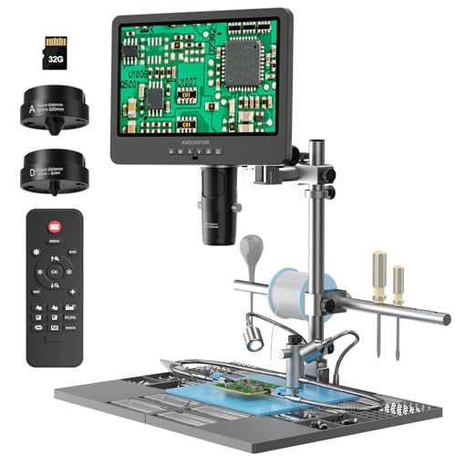 Andonstar AD249S-M Plus 10.1'' HDMI Soldering Digital Microscope for Electronics Repair, 2000x 3 Lens 2160P UHD Video Record, Soldering Microscope Station with Helping Hands, Slides, 32GB Card