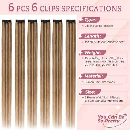 Clip in Hair Extensions Real Human Hair for Women, 14 Inch 36g 6pcs, Medium Brown Mix Dark Blonde, Straight - Highlight, Add Volume and Length for Daily Wear, Parties, Weddings