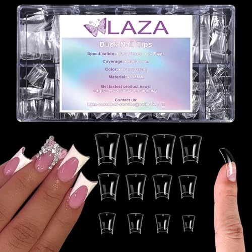 Laza 600pcs Short Duck Nail Tips 12 Sizes Box-packed Clear Duck Nails Half Cover Wide Nail Tips French False Nail Tips for Acrylic Nails Extension Tips — 22MM