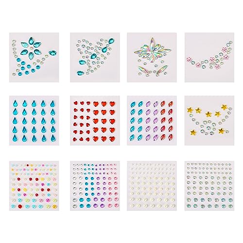 Craftdady 12 Sheets Resin Rhinestone Stickers Heart Teardrop Flower Star Stick On Face Gems Stick On Nail Body Resin Beads for Halloween Makeup Nail Art Wedding Scrapbook