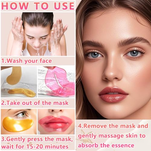 40 Pairs Lip Mask & Eye Mask, 24K Gold Gel Crystal Collagen Under Eye Patches for Puffy Eyes, Dark Circles, Bachelorette Party Favors, Wrinkles and Fine Lines, Galentines Day Gifts