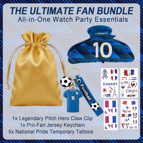 TOCESS France Soccer Tribute Gift Bundle for Women & Girls - Jersey-Shaped Hair Claw, No. 10 Keychain & Flag Tattoos - Navy