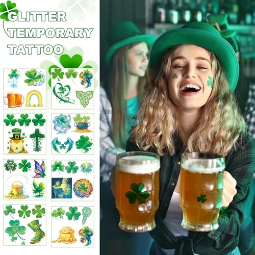 24 Sheets St Patricks Day Glitter Shamrock Tattoos, Irish Themed Saint Patricks Day Accessories with Green Clover, St Patricks Day Temporary Tattoos for St Patricks Day Party Favors Decorations Parade