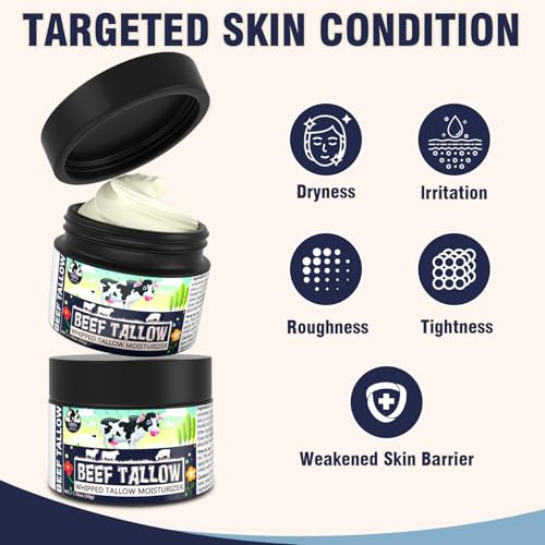Beef Tallow Face Moisturiser - 100% Grass Fed Beef Tallow for Skin Care - Natural Handmade Lotion Whipped Beef Tallow Cream for Face & Body Sensitive Skin (New Black)