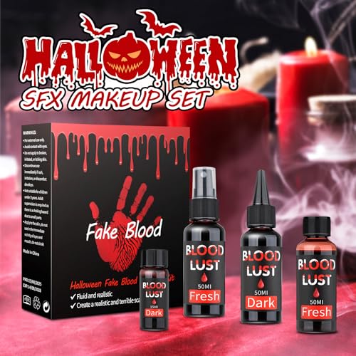 4PCS Fake Blood Spray Kit Halloween Special Effects Dark Fresh Fake Blood Makeup Kit,Suitable for Stage Vampire Zombie Monster Clown SFX Makeup