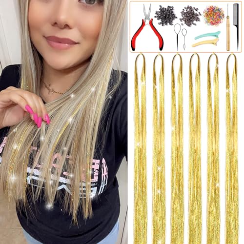 AIAIZHQH Hair Tinsel Kit Gold Fairy Hair Tinsel with Tools Tinsel Hair Extensions Heat Resistant 6Pcs 1400 Strands Sparkling Glitter Hair Extensions Hair Tensile Kit Hair Accessories for Women Girls