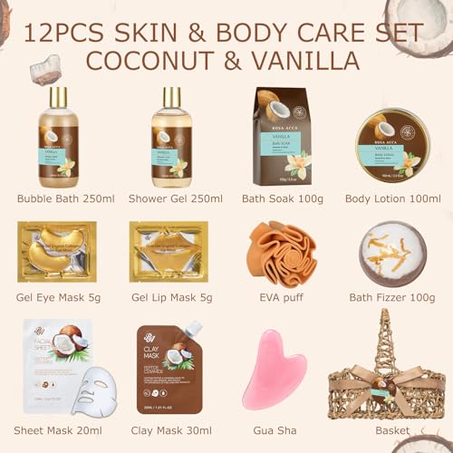 Valentines Day Gifts for Women & Men, 12pcs Vanilla Coconut Bath and Body Self Care Set, Spa Gift Basket, Bath Bomb, Parfume Lotion, Spa Kit, Hydrating Skin Care Set, Anniversary, Birthday, Christmas