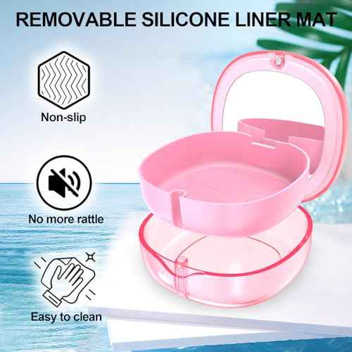Pink Aligner and Retainer Case Double-layer Cute Slim Braces Night Mouth Guard Case with Remover Tool, Chew and Cleaning Brush, Built in Mirror Orthodontic Dental Retainer Container