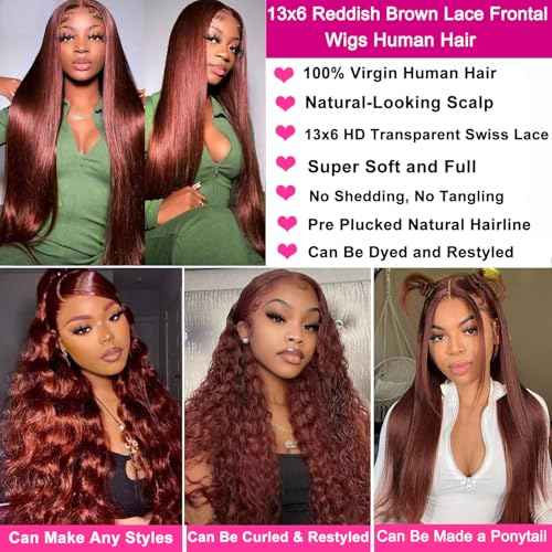 13x6 Reddish Brown Lace Front Wigs Human Hair Straight Human Hair Wigs for Women Reddish Brown 13x6 HD Lace Front Wigs Pre Plucked 26 Inch