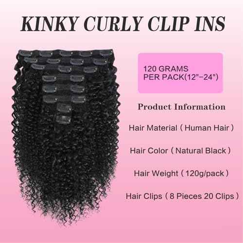 3C 4A Kinky Curly Clip ins 8pcs 120g/set 10A Brazilian Virgin Human Hair Extensions Kinky Curly Clip in Hair Extensions for Women 22 Inch Natural Black