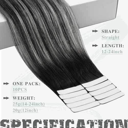 Ve Sunny Tape in Hair Extensions Real Human Hair Invisible Remy Human Hair Straight Tape Ins Double Sided Ombre Natural Black Root to Sliver Grey 24 inch 10Pcs 25G
