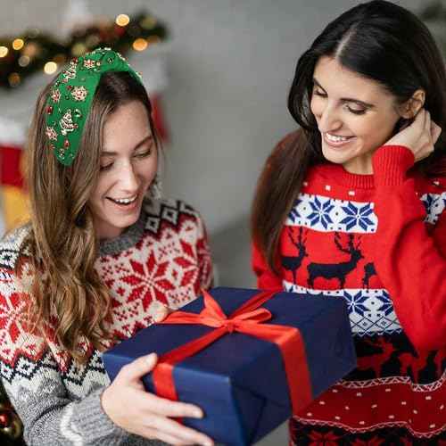 Christmas Headband Women Holiday Accessories Beaded Xmas Bow Tree Snowflake HOHOHO Knotted Headband Red Green Crystal Pearl Top Knot Festive Holiday Gifts