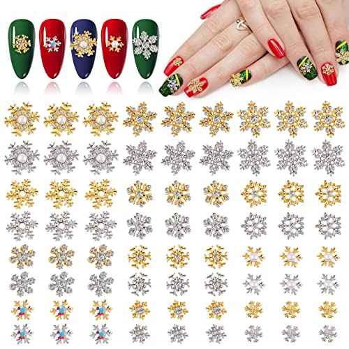 72 Pcs Christmas Snowflake Nail Charms, Kalolary 3D Glitters Nail Rhinestones with Gem Crystals Jewelry for Christmas Holiday Nail Art Decoration