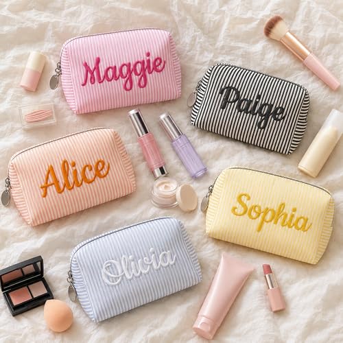 Personalized Striped Makeup Bag - Custom Name Embroidery