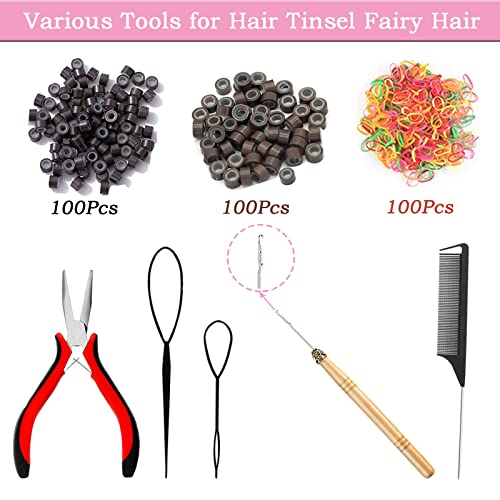 Hair Tinsel Kit 48 Inch Hair Tinsel Heat Resistant Safe 12 Colors 3600 strands Tinsel Hair Extensions with Tools,Fairy Hair Tinsel Kit for Women Girls Hair Accessories