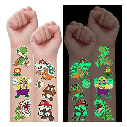 Mario Birthday Party Supplies, 34Pcs Temporary Tattoos Party Gifts, Glow In The Dark Removable Skin Safe, Fake Tattoo Stickers for Goody Bag Treat Bag Stuff for Mario Birthday Party