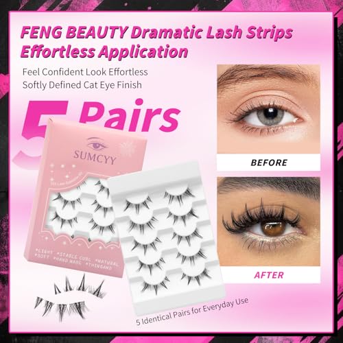 5 Pairs 5D Wispy Cat Eye False Eyelashes with Thin Stem