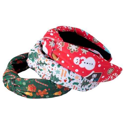 3Pcs Christmas Headbands for Women, Snowflake Santa Snowman Xmas Tree Holiday Knot Hair Hoops, Festive Gift Hair Accessory (Green)