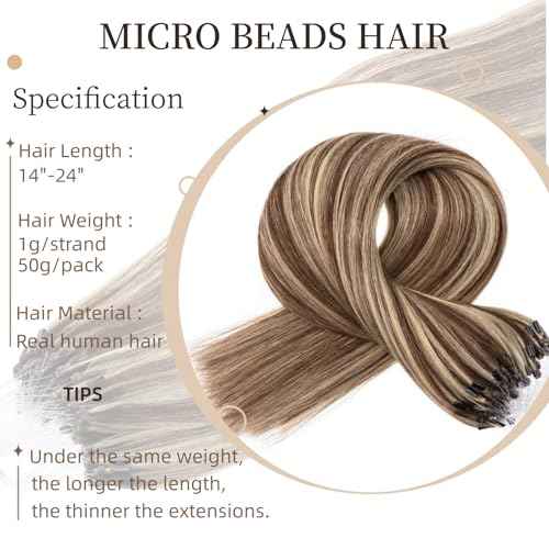 Microlink Hair Extensions Brown to Blonde Human Extensions Hair With Beads 24inch Long Hair Micro Loop Human Hair Extensions 1g/Strand,50g,Highlight Color #4/613