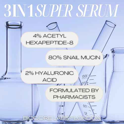 Advanced 3 IN 1 SNAIL MUCIN SUPER SERUM infused with FACELIFT Peptide by BIOCORE LABS¢â Plumping,Moisturizing,Healing Serum for face 100ml 3.38 FL. OZ.