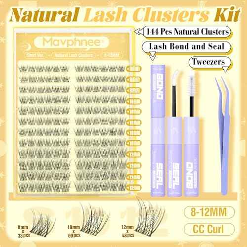 Natural Lash Clusters Kit 8-12MM Short Cluster Eyelash Extensions Kit Clear Band Cluster Lashes Wispy Eyelash Clusters CC-Curly Fluffy Individual Lashes with Lash Bond and Seal for Easy Application
