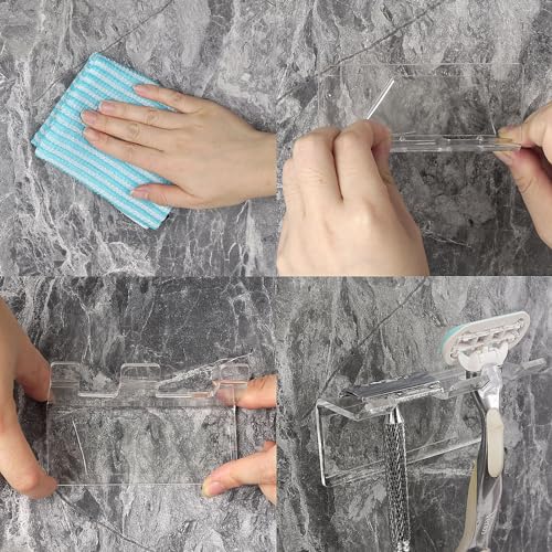 LUEXBOX 2Pack Safety Razor Holder for Shower Wall, Self Adhesive Razor and Brush Stand for Bathroom, Shaving Brush Stand Compatible with Fusion 5 Proglide, Mach 3 Classic(Clear)