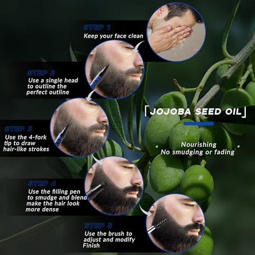 Noerrors Beard Pencil Kit Beard Filler Pen Dual End 4 Tips Beard Pen and Brush Set Hairline Moustache Eyebrows Beard Filling Shaping Styling Makeup Tools Waterproof Longlasting For Men #Black