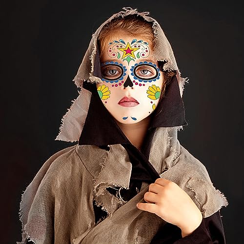 Day of the Dead Face Temporary Tattoos - 9 Sheets Skull Stickers