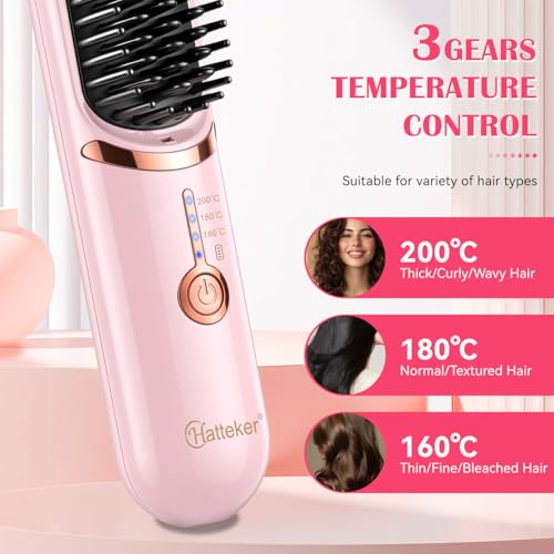 Hatteker Cordless Hair Straightener Brush – 30s Fast Heating, Ionic